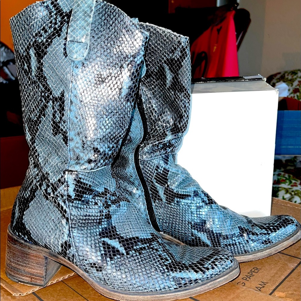 Baby blue snake skin boots